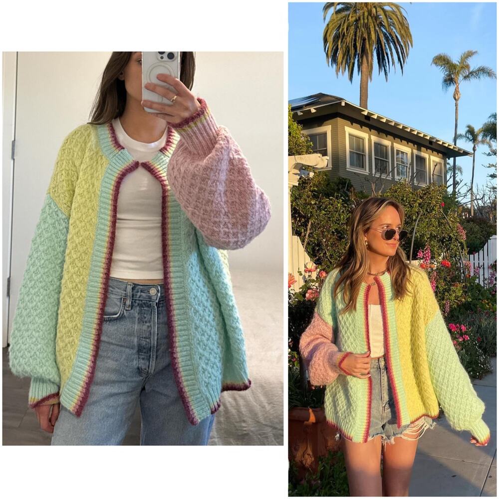VRG GRL City of Money Pastel Chunky Knit Cardigan Wool Blend Small Oversized